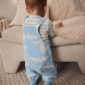 Blue Crocodile Jersey Baby Dungarees And Bodysuit Set