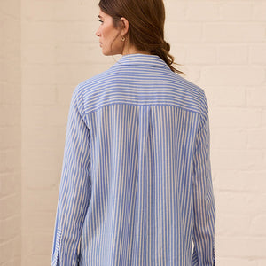 Blue Stripe Soft Relaxed Long Sleeve V Neck Shirt