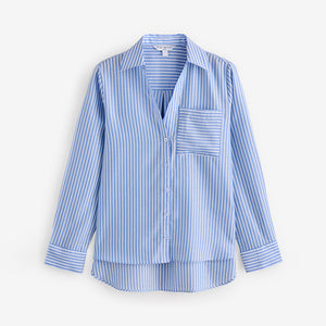 Blue Stripe Soft Relaxed Long Sleeve V Neck Shirt