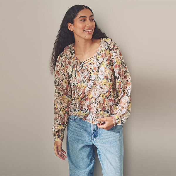 Floral Print Sheer Ruffle Trim Tie Neck Blouse