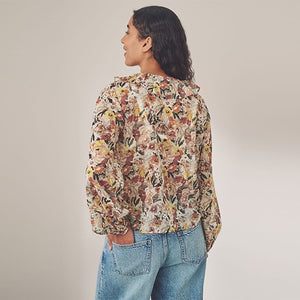 Floral Print Sheer Ruffle Trim Tie Neck Blouse