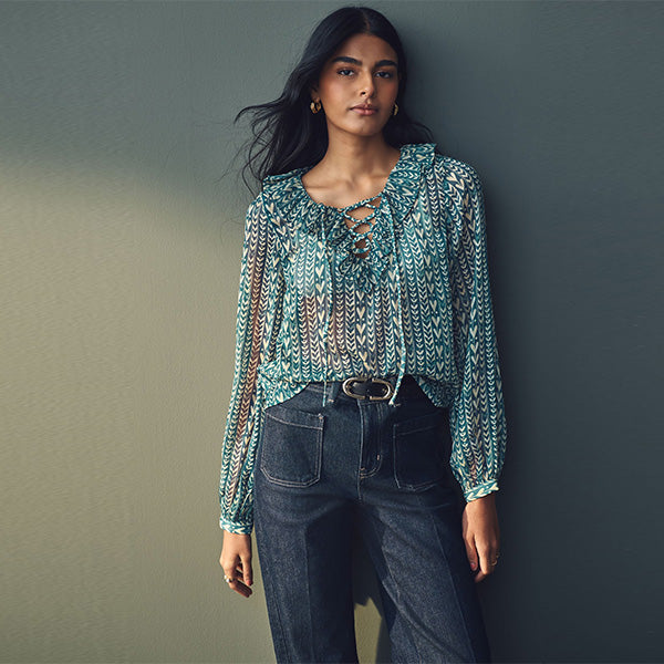 Teal Blue Print Sheer Ruffle Trim Tie Neck Blouse