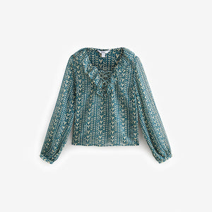 Teal Blue Print Sheer Ruffle Trim Tie Neck Blouse