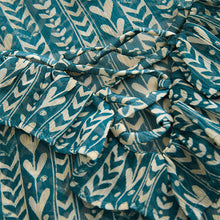 Load image into Gallery viewer, Teal Blue Print Sheer Ruffle Trim Tie Neck Blouse
