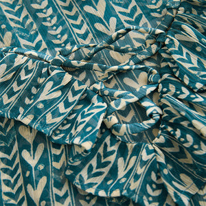 Teal Blue Print Sheer Ruffle Trim Tie Neck Blouse