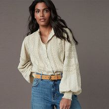Load image into Gallery viewer, Ecru Long Sleeve Ladder Insert 100% Cotton Blouse
