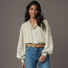 Load image into Gallery viewer, Ecru Long Sleeve Ladder Insert 100% Cotton Blouse
