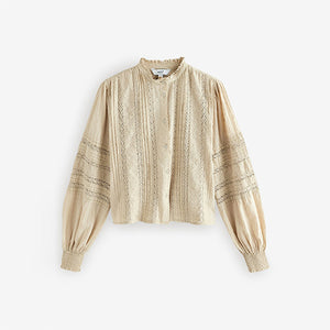 Ecru Long Sleeve Ladder Insert 100% Cotton Blouse