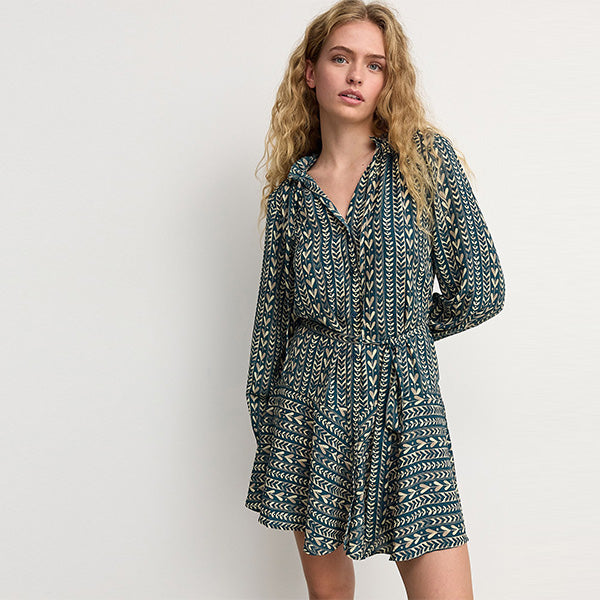 Blue/Cream Heart Print Boho Tie Waist Long Sleeve Mini Shirt Dress