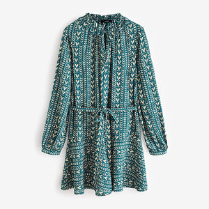 Blue/Cream Heart Print Boho Tie Waist Long Sleeve Mini Shirt Dress