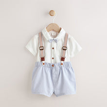Load image into Gallery viewer, Blue Shirt Body, Shorts and Braces Baby 4 Piece Set (0mths-18mth)

