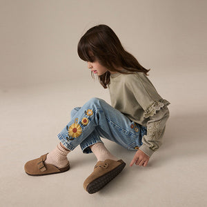 Denim Light Blue 100% Cotton Flower Embroidered Mom Jeans (3-12yrs)