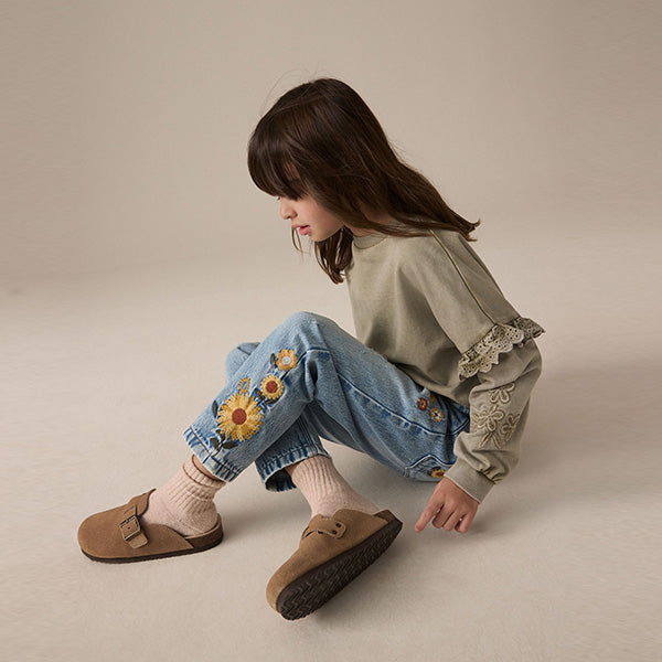 Denim Light Blue 100% Cotton Flower Embroidered Mom Jeans (3-12yrs)