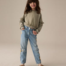 Load image into Gallery viewer, Denim Light Blue 100% Cotton Flower Embroidered Mom Jeans (3-12yrs)
