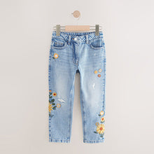 Load image into Gallery viewer, Denim Light Blue 100% Cotton Flower Embroidered Mom Jeans (3-12yrs)
