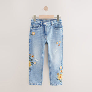Denim Light Blue 100% Cotton Flower Embroidered Mom Jeans (3-12yrs)