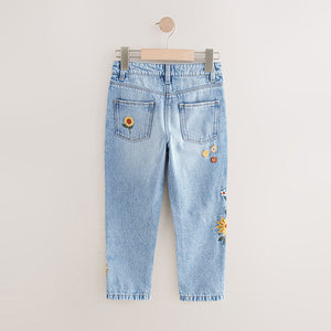 Denim Light Blue 100% Cotton Flower Embroidered Mom Jeans (3-12yrs)