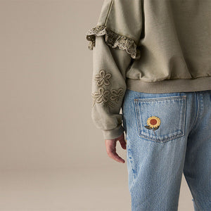Denim Light Blue 100% Cotton Flower Embroidered Mom Jeans (3-12yrs)