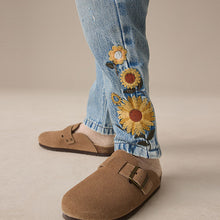 Load image into Gallery viewer, Denim Light Blue 100% Cotton Flower Embroidered Mom Jeans (3-12yrs)
