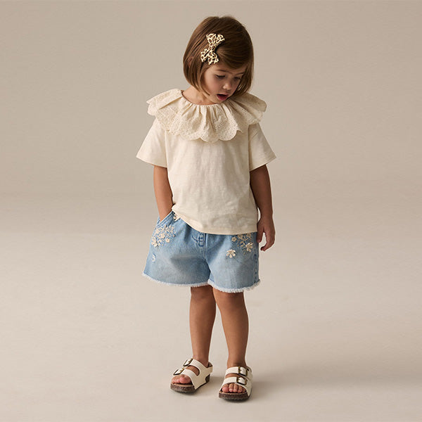 Cream Short Sleeve Broderie Collar 100% Cotton Top (3mths-6yrs)