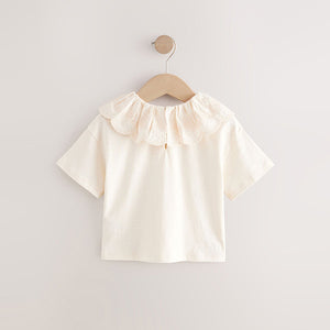 Cream Short Sleeve Broderie Collar 100% Cotton Top (3mths-6yrs)