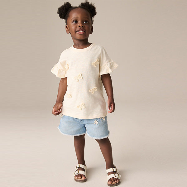Cream Short Sleeve Butterfly Appliqué 100% Cotton T-Shirt (3mths-6yrs)