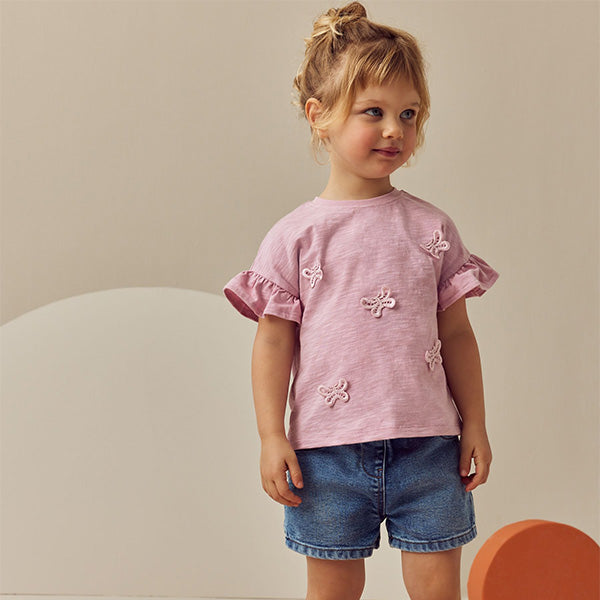 Pink Short Sleeve Butterfly Appliqué 100% Cotton T-Shirt (3mths-6yrs)