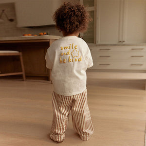 Cream Flower Short Sleeve 100% Cotton T-Shirt and Wide Trousers Set (3mths-6yrs)