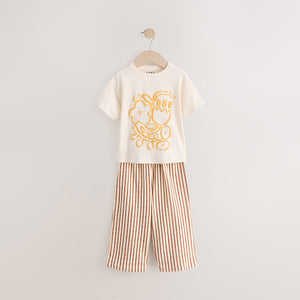 Cream Flower Short Sleeve 100% Cotton T-Shirt and Wide Trousers Set (3mths-6yrs)