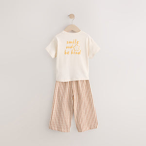 Cream Flower Short Sleeve 100% Cotton T-Shirt and Wide Trousers Set (3mths-6yrs)