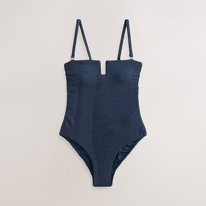 Navy Metallic Crinkle Bandeau Shaping Tummy Control Swimsuit