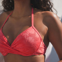 Load image into Gallery viewer, Coral Pink Lace Padded Wired Plunge Bikini Top
