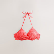 Load image into Gallery viewer, Coral Pink Lace Padded Wired Plunge Bikini Top
