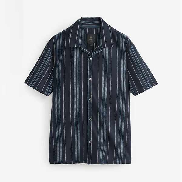 Blue Cuban Collar Textured Jersey Short Sleeve Shirt
