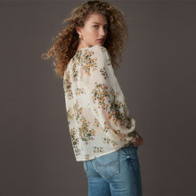 Load image into Gallery viewer, Ecru Natural Print Sheer Tie Neck Long Sleeve Blouse
