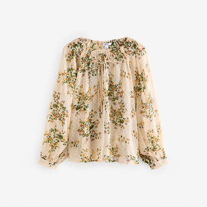Ecru Natural Print Sheer Tie Neck Long Sleeve Blouse