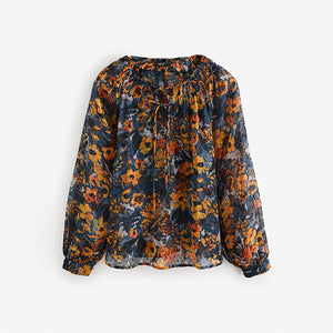 Navy Blue Print Sheer Tie Neck Long Sleeve Blouse