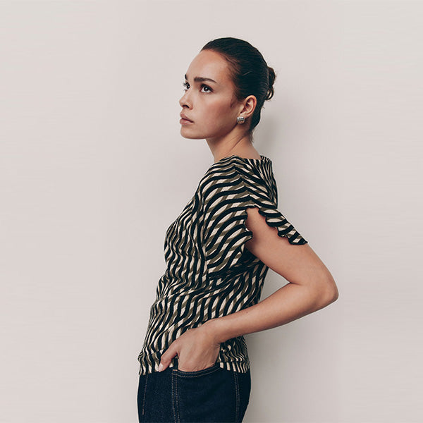 Green Geo Print Flutter Sleeve Textured Smart Top