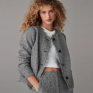 Black/White Boucle Collarless Jacket