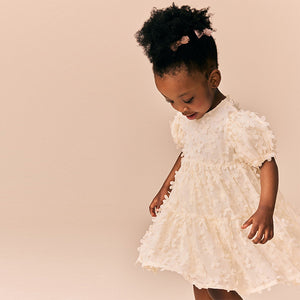 Ecru White Short Sleeve 3D Flowers Dress (3mths-6yrs)