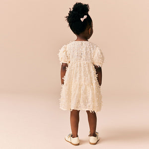 Ecru White Short Sleeve 3D Flowers Dress (3mths-6yrs)