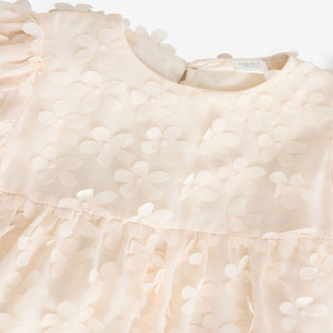 Ecru White Short Sleeve 3D Flowers Dress (3mths-6yrs)