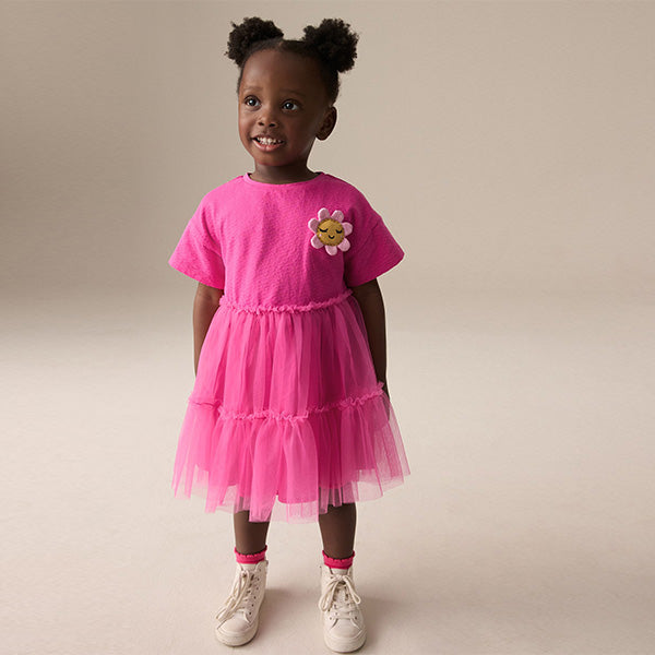 Bright Pink Character Short Sleeve Mesh Dress (3mths-6yrs)