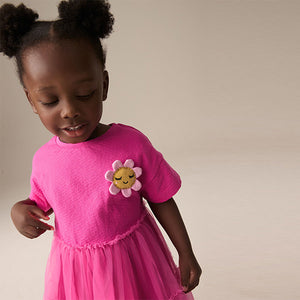 Bright Pink Character Short Sleeve Mesh Dress (3mths-6yrs)