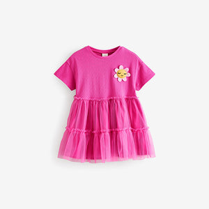 Bright Pink Character Short Sleeve Mesh Dress (3mths-6yrs)