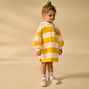 Ochre / Cream Long Sleeve Hooded Sweat Dress (3mths-6yrs)