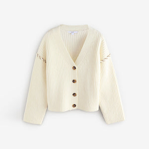 White Ecru Contrast Stitch Button Up V-Neck Cardigan