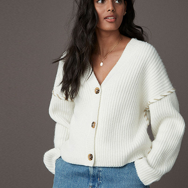 White Ecru Contrast Stitch Button Up V-Neck Cardigan