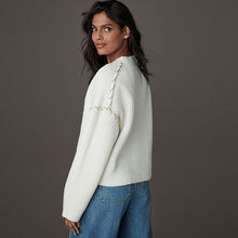 Load image into Gallery viewer, White Ecru Contrast Stitch Button Up V-Neck Cardigan
