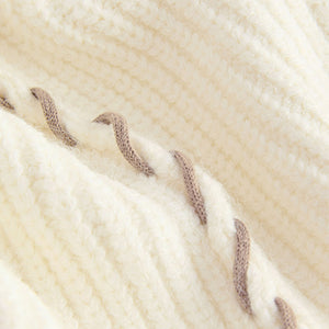 White Ecru Contrast Stitch Button Up V-Neck Cardigan
